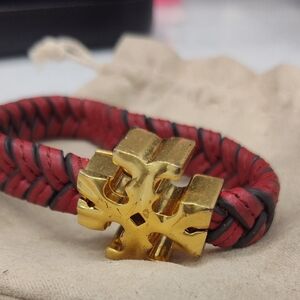 Tory Burch Roxanne Logo Woven Leather Bracelet In Rolled Gold/tory Red